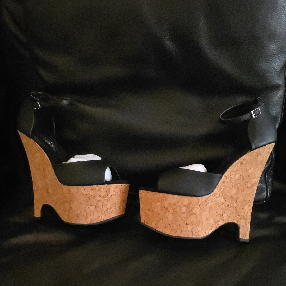 Pleaser Black Cork Wedges Size 9